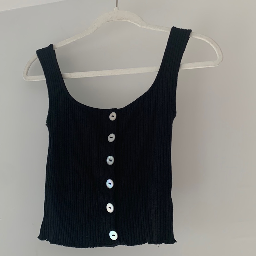 Comune Cropped Ripped Button Down Tank with Ruffled Hem - Picture 2 of 8